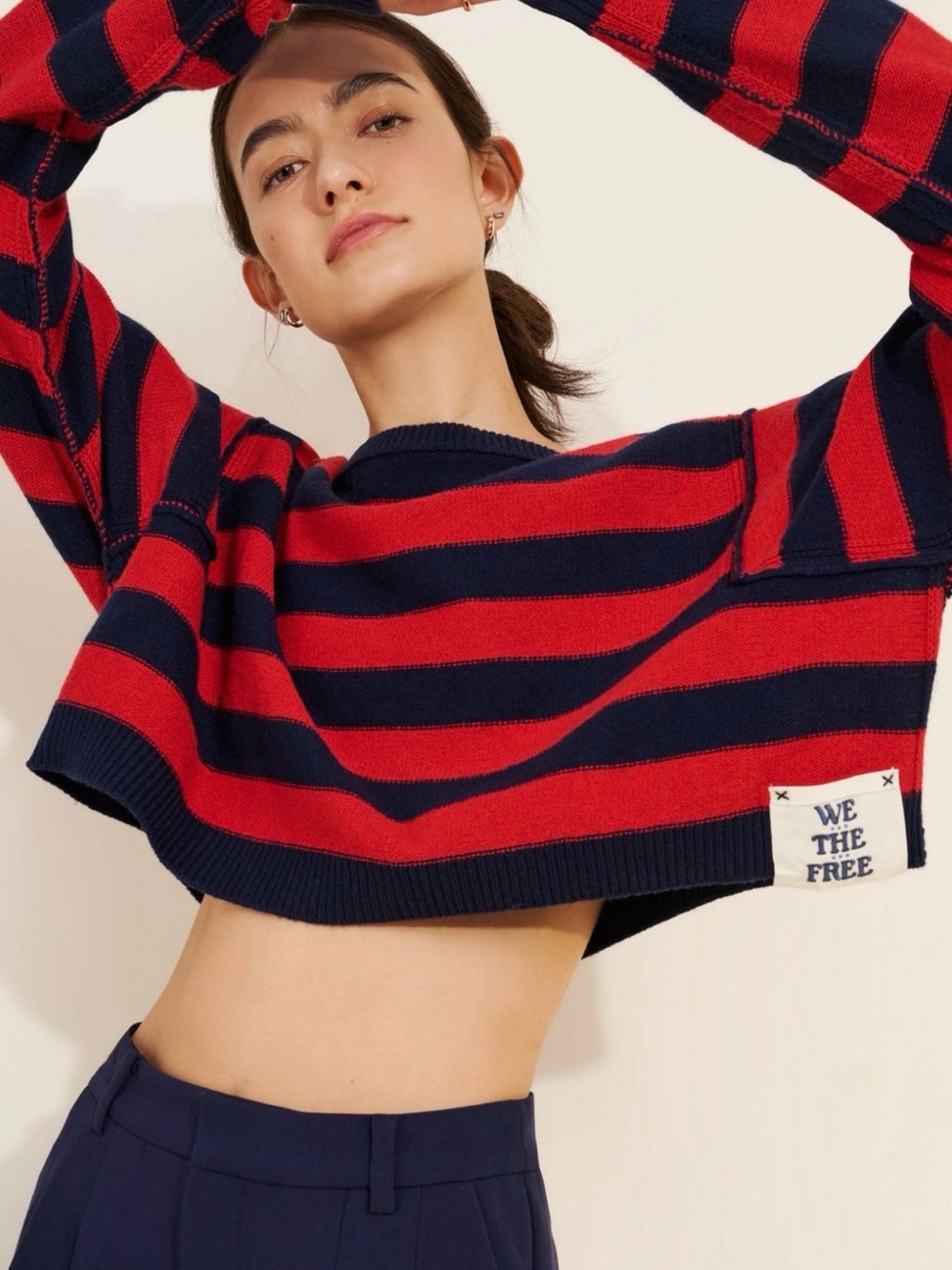 We The Free Into The Blue Red and Navy Striped Cropped Pullover Sweater Size XL